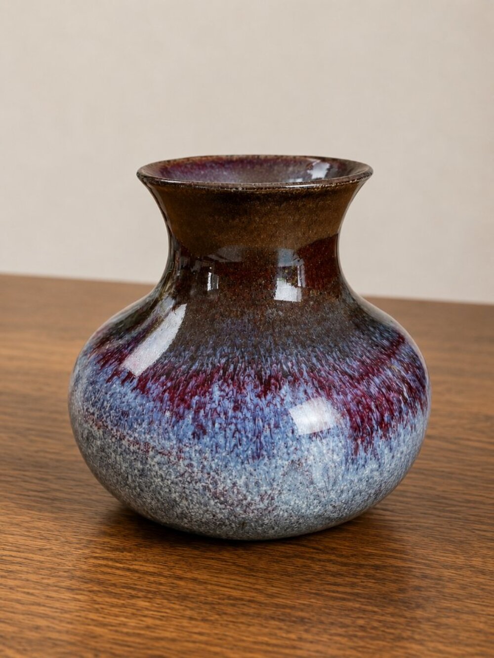 Signed MEG Studio Art Pottery Vase Purple Blue Brown Drip Glaze Handmade 5"